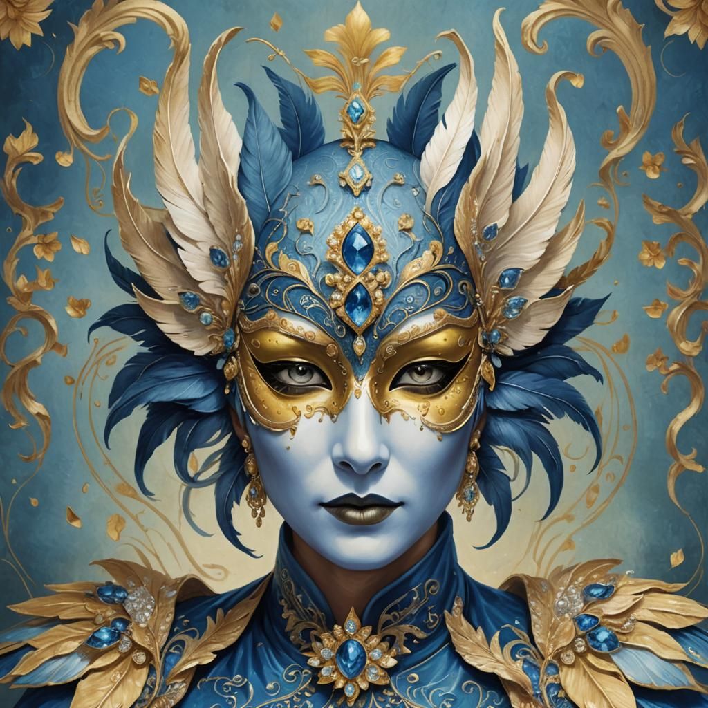 Blue Venetian Mask with Swan's Wings