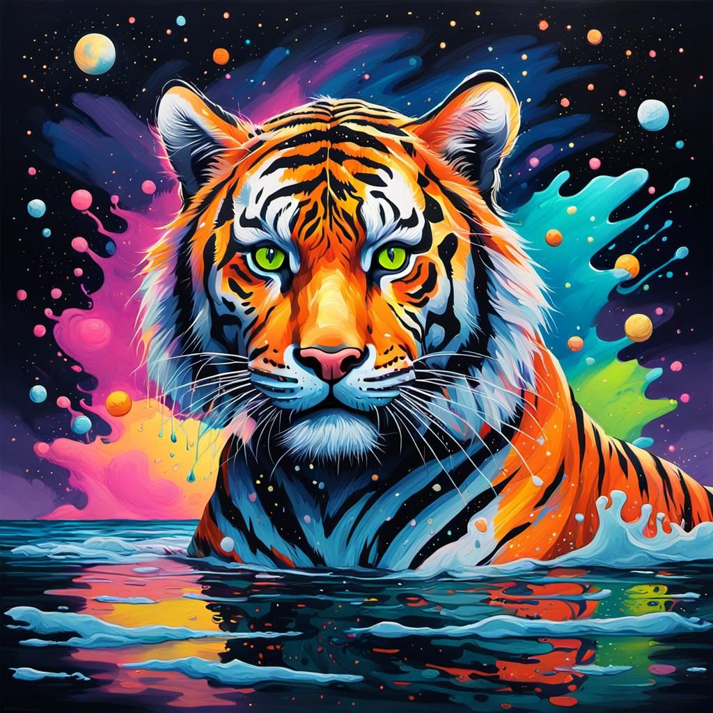 Tiger's Neon Night Swim in Graffiti Art Style