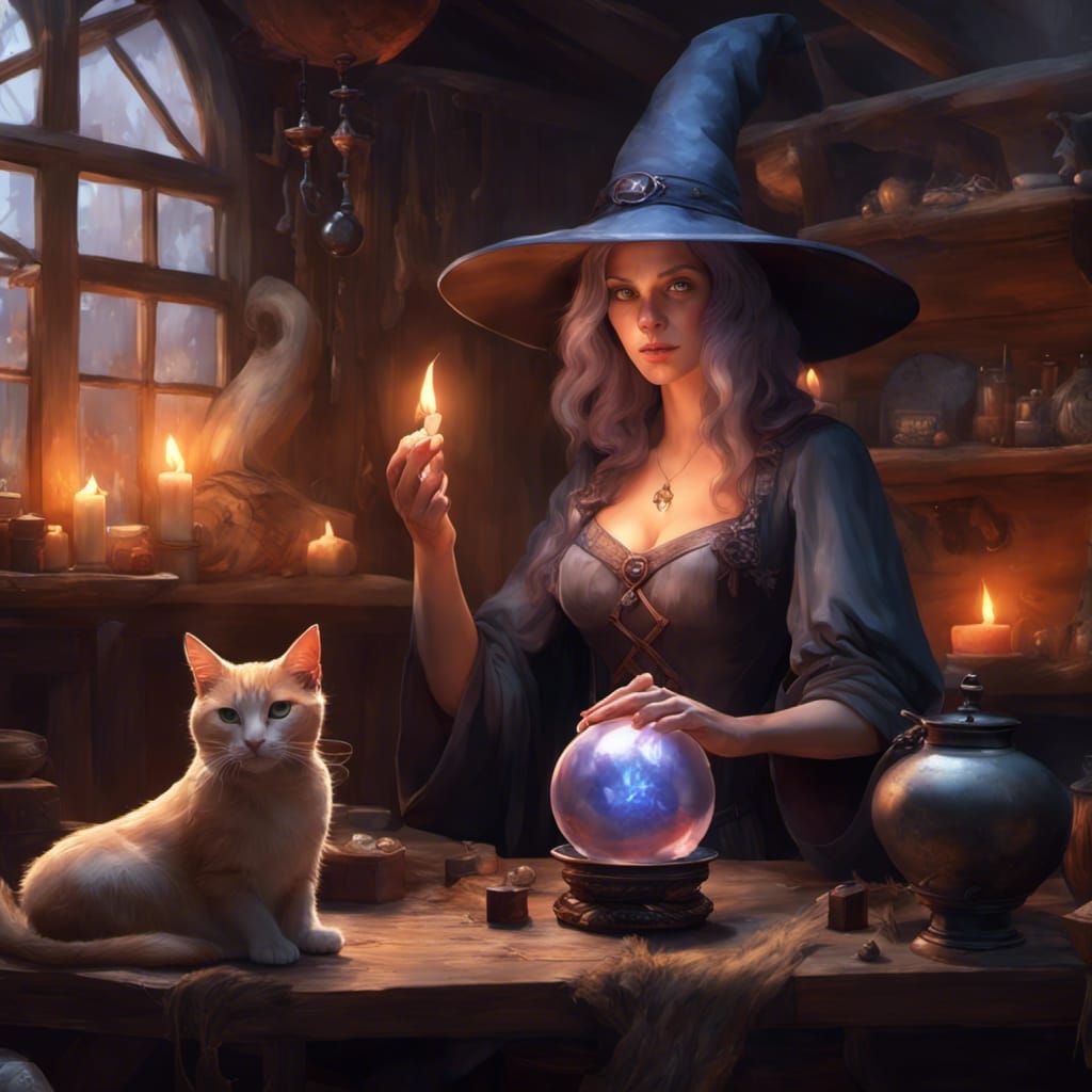 Mystical Witch Portrait with Crystal Ball and Cat