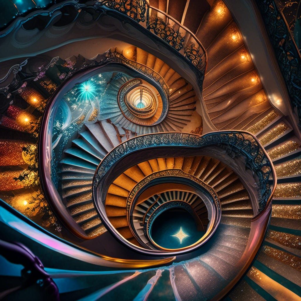 Surreal Staircase Spiraling Upward in a Colorful Fantasy