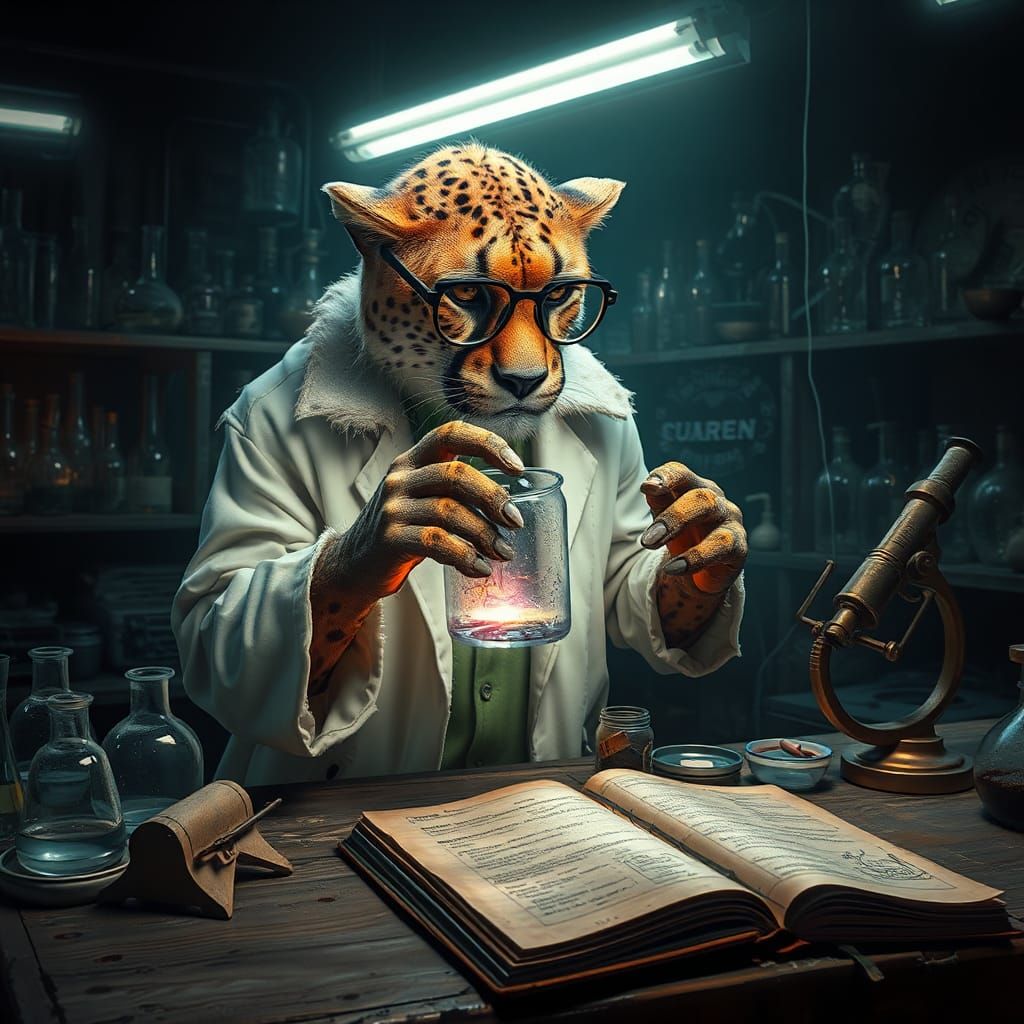 Humanoid Cheetah Scientist in Mystical Laboratory
