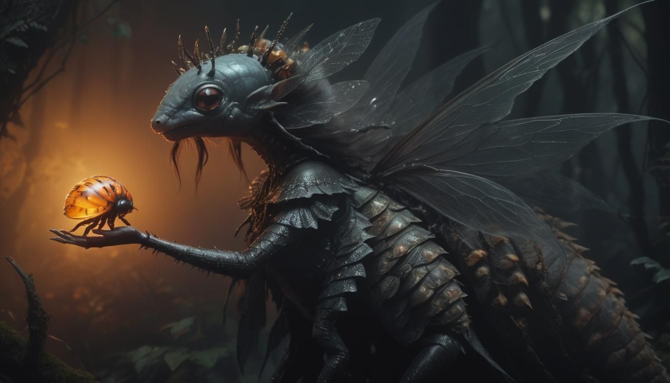 Whimsical Gothic Fairy Rides Isopod in Mystic Forest