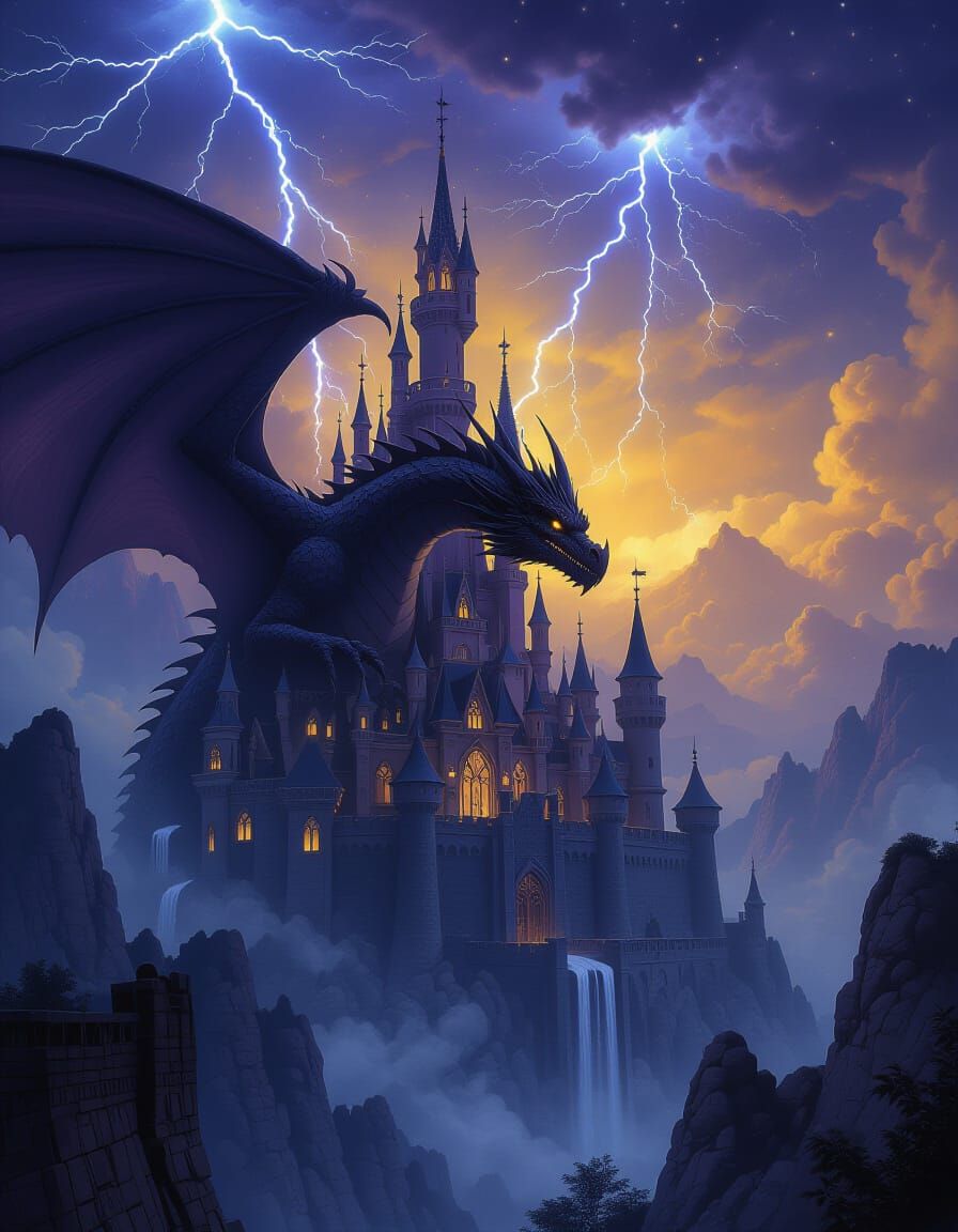 Dark Dragon Soars Through Mystical Castle Sky