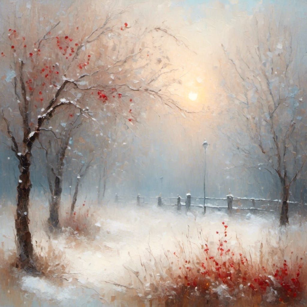 Impressionist Winter Park with Lantern in Snow