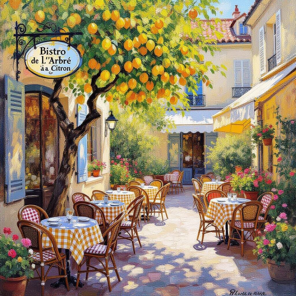 French Lemon Tree Bistro in Impressionist Style
