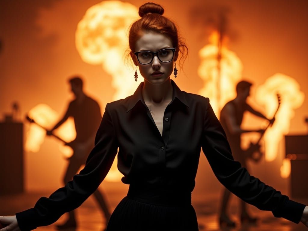 Dramatic Woman Overwhelmed by Musical Chaos in Film Noir Sty...