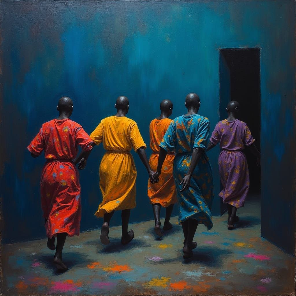 Faceless Runners Approach a Vibrant Textile Portal