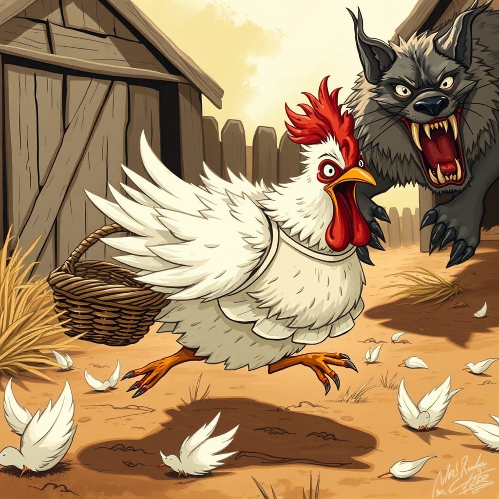 Charming Whimsical Scene of Chicken and Wolf Chase