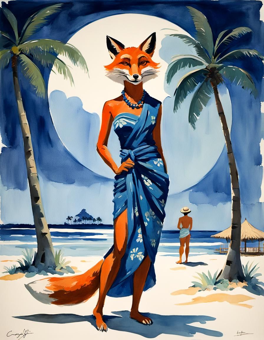 Fox Woman on Tropical Beach in Gouache Style