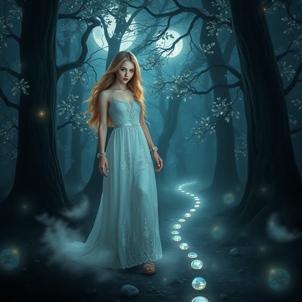 Moonlit Woman with Teal Eyes in Ethereal Forest