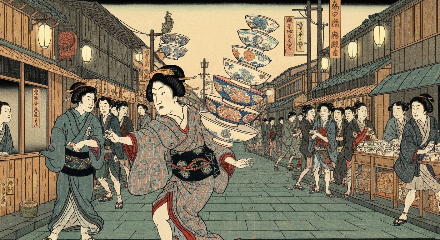 Woman Balances Towering Bowls in Ukiyo-e Style