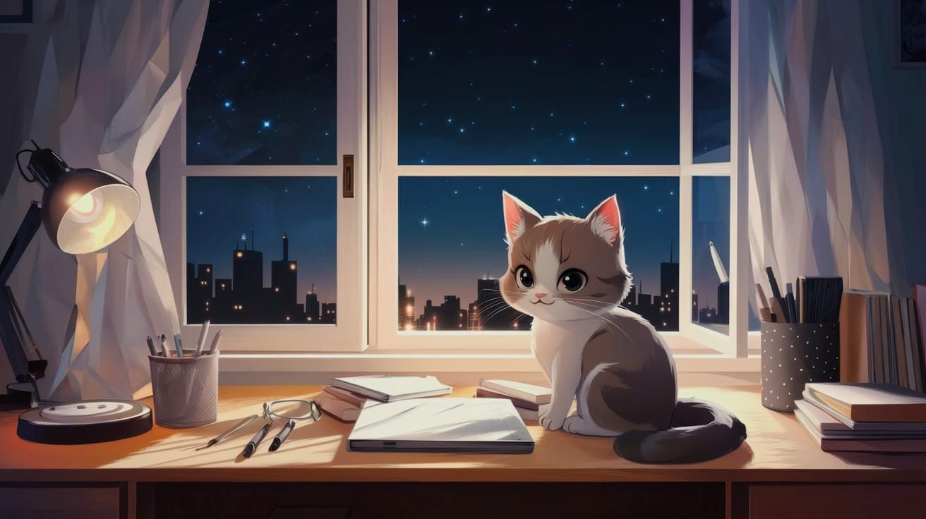 Cute Cat at Night by Window