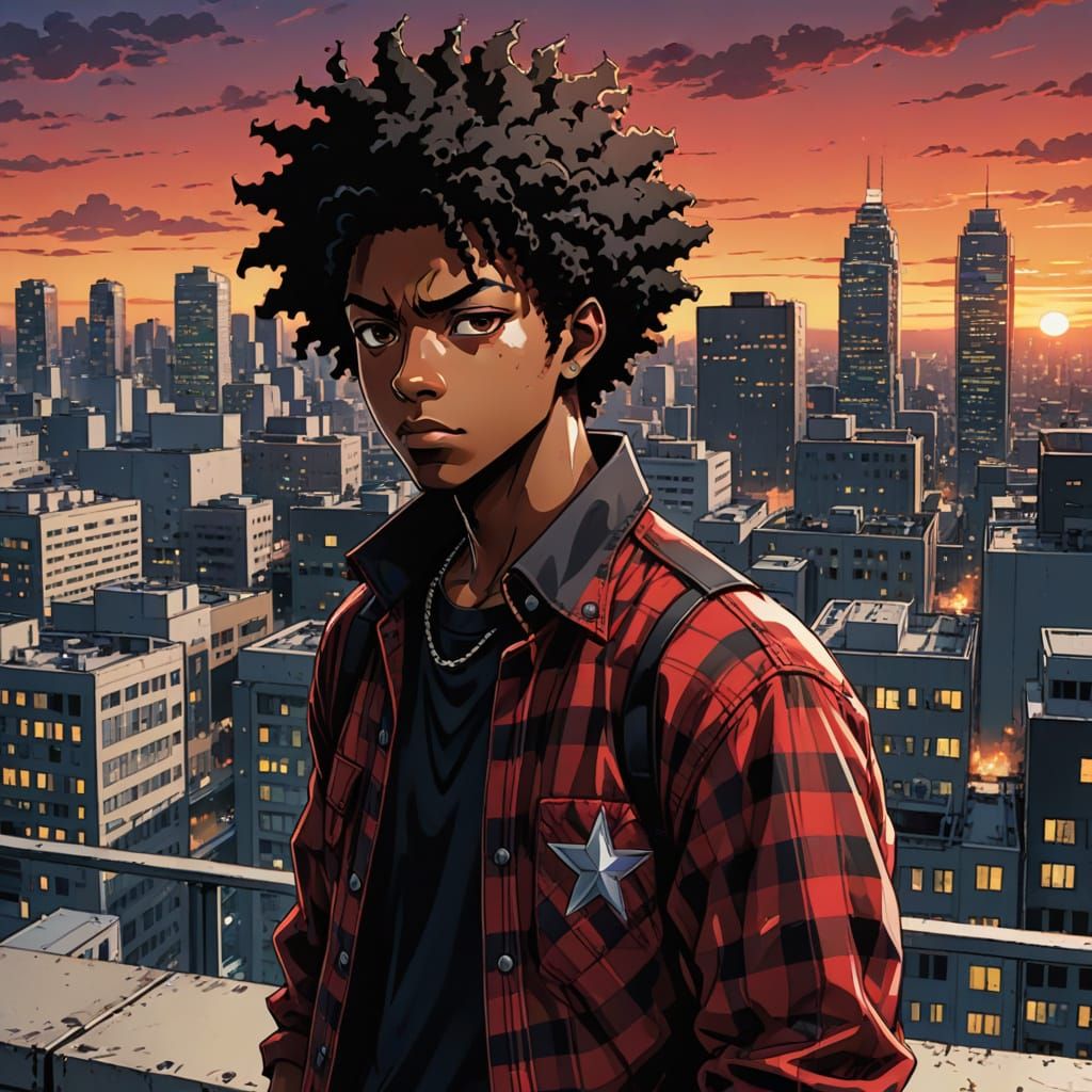 Anime Style College Boy with Afro in Cityscape