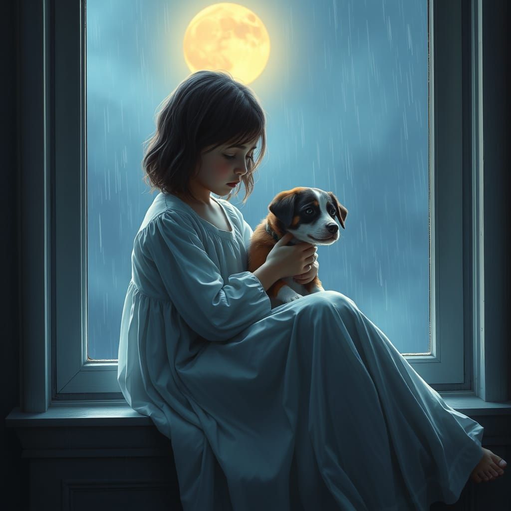 Girl Comforted by Moonlight in a Stormy Night