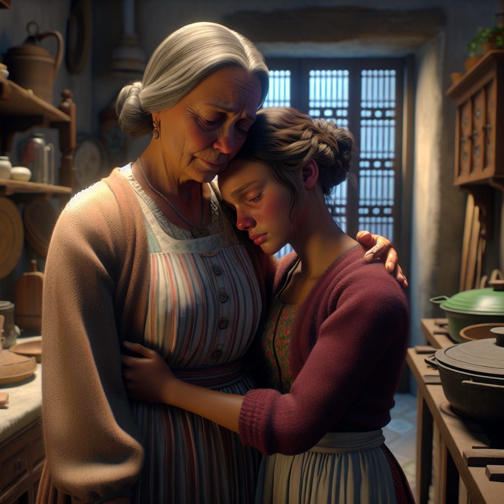 Disney Pixar style 3D Italian mother, embracing her adult daughter, the daughter is sad and has her head on her mother’s...