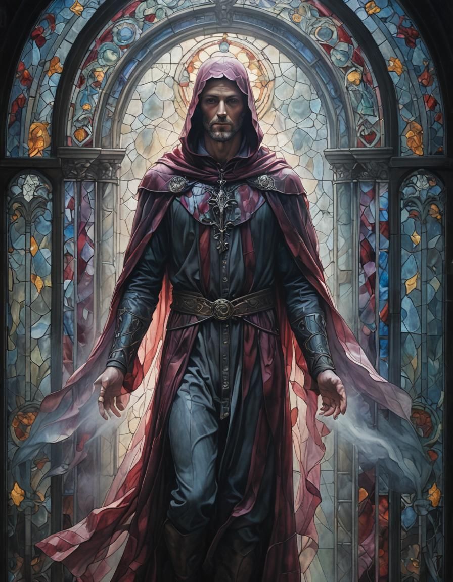 Ethereal Man in Stained Glass Chamber