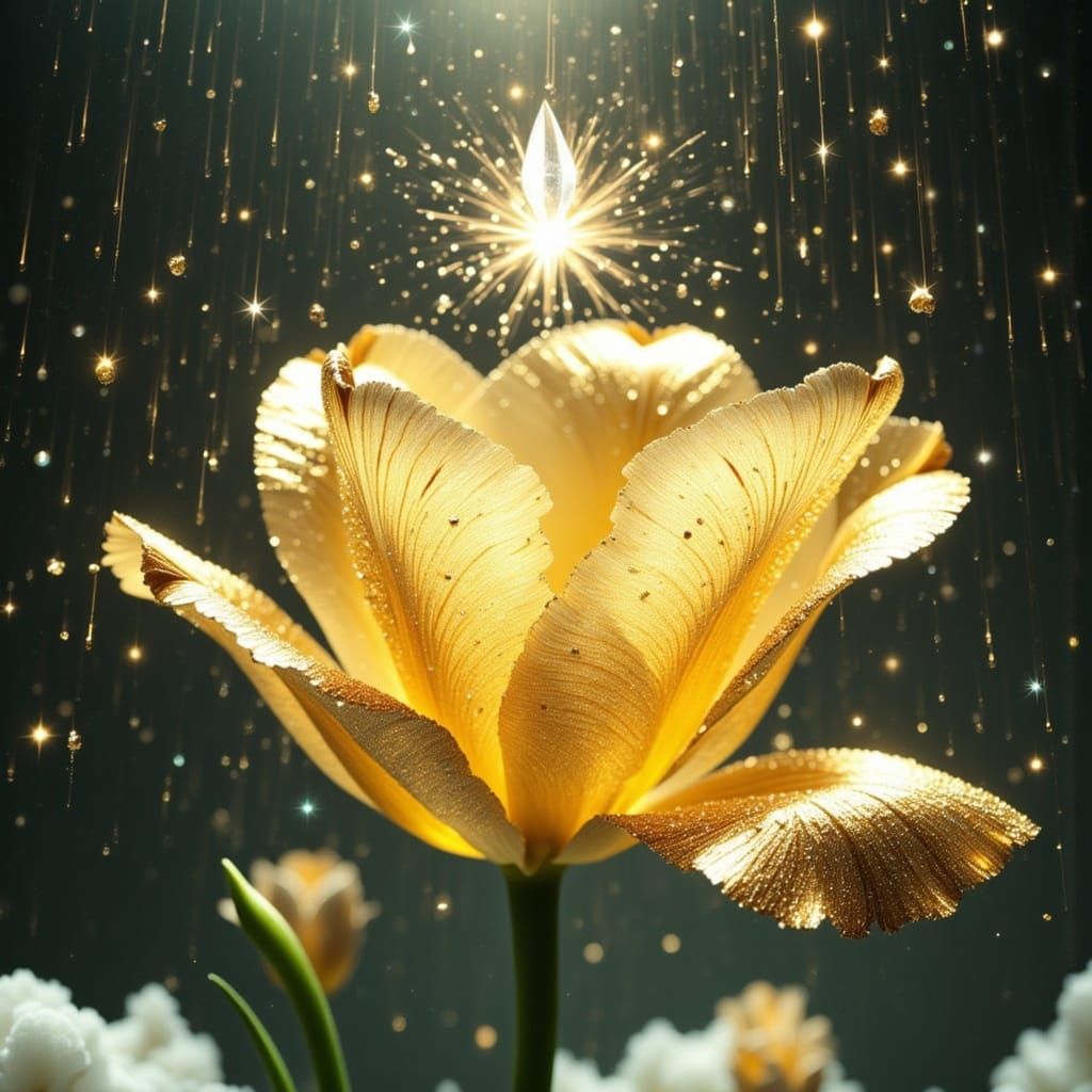 Golden Glitter Tulip in Whimsical Galaxy Scene