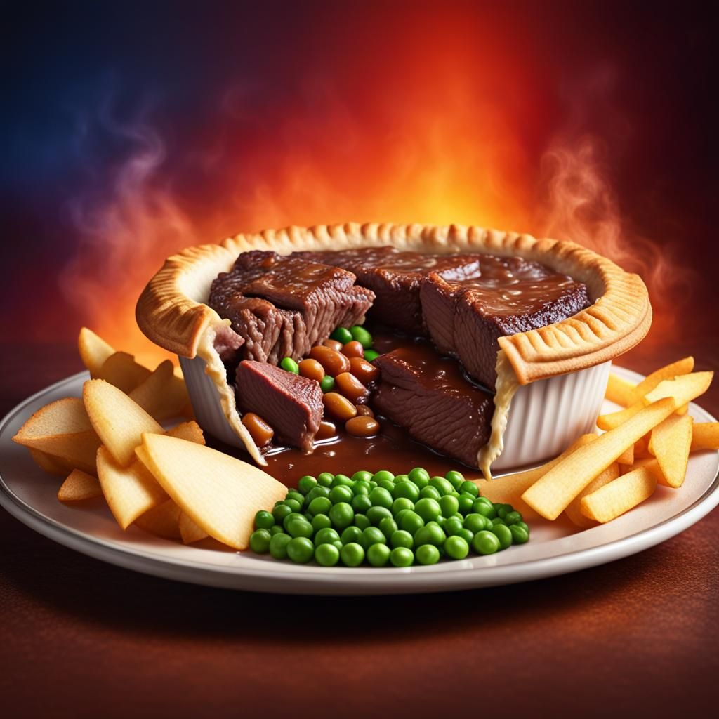 Hyperrealistic Steak and Kidney Pie with Chips