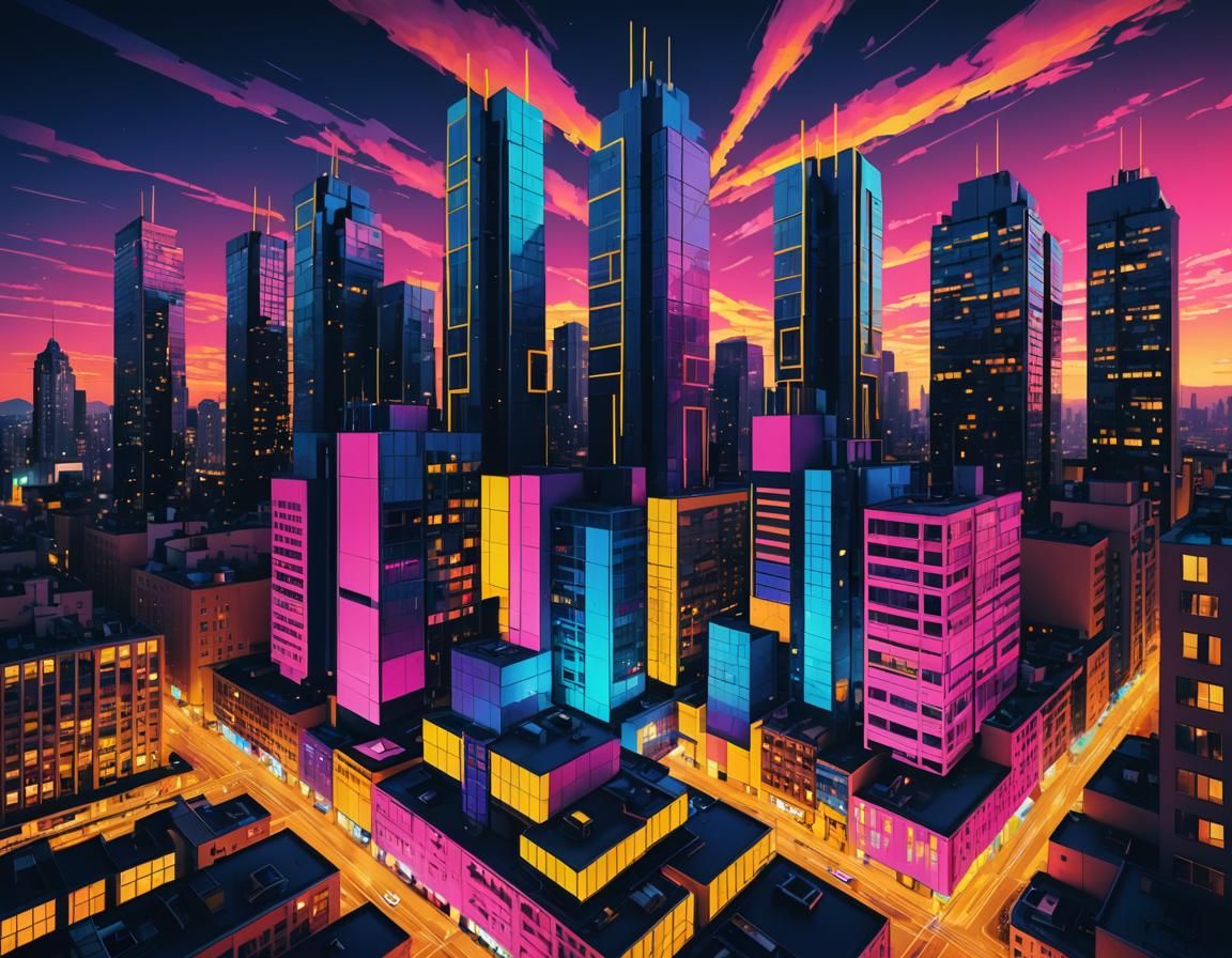 Pop Art Cityscape at Midnight in Digital Style
