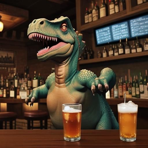Dinosaur Enjoys a Drink at the Bar
