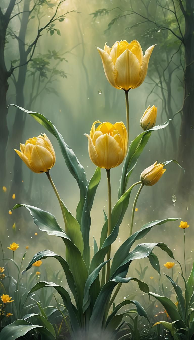 Ethereal Fantasy Art: Yellow Tulip in Misty Haze
