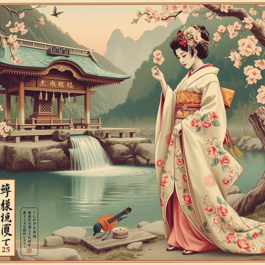 Breathtaking Miko by Clear Mountain Spring in Retro-Japonism...