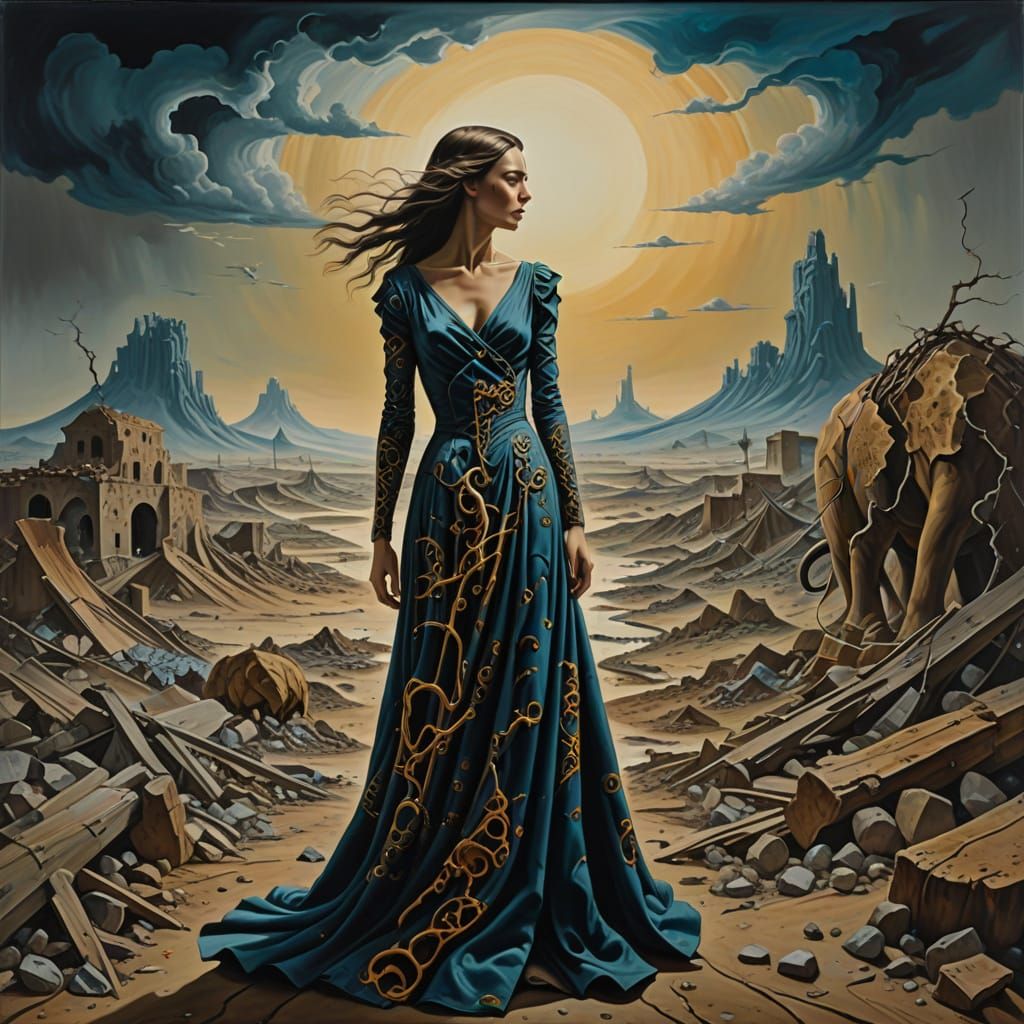War Torn Woman in Dreamlike Landscape