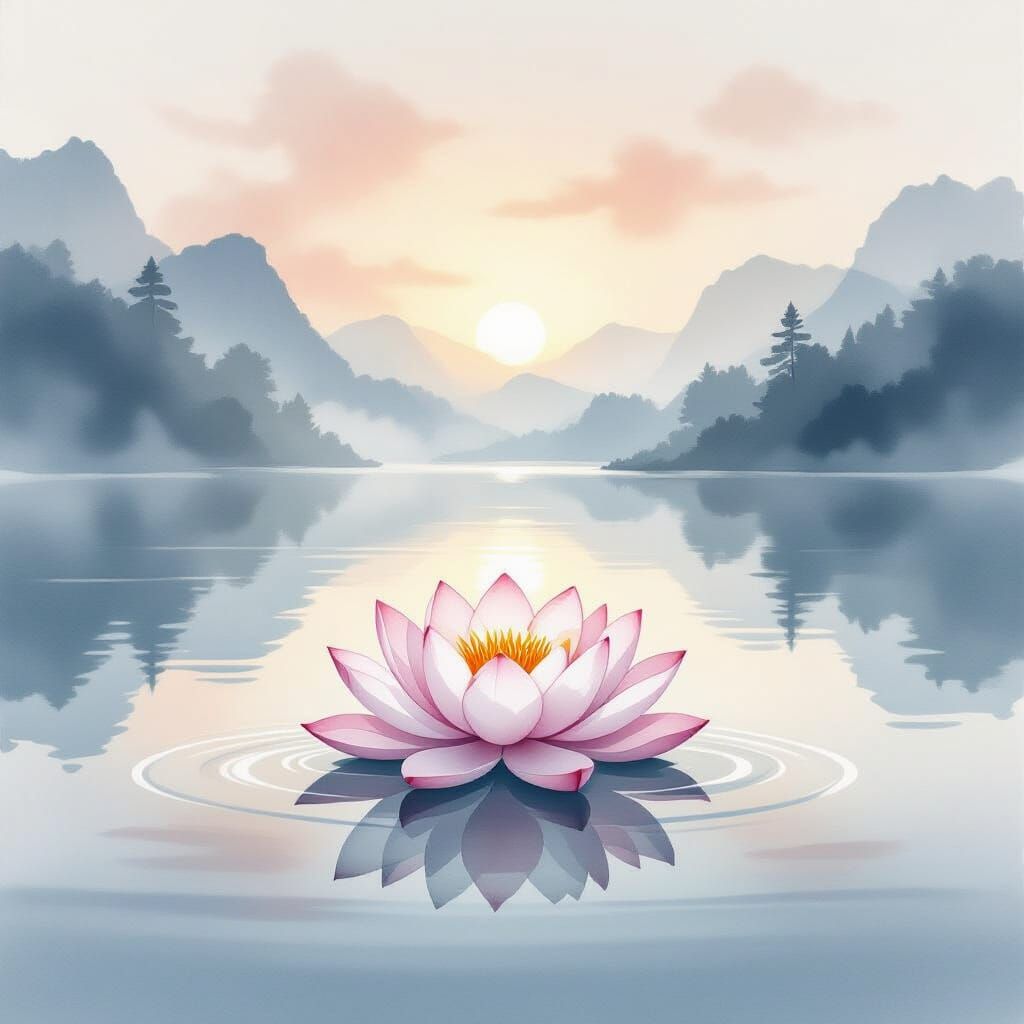 Lotus Flower on Calm Lake at Dawn in Watercolor Style