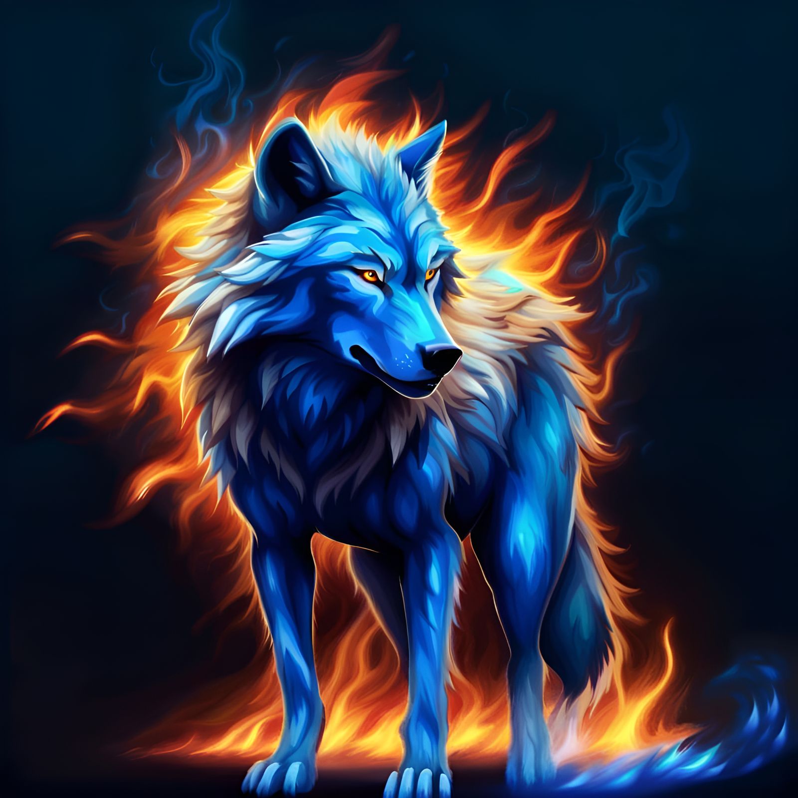 Blue Fire Wolf Staring Intensely