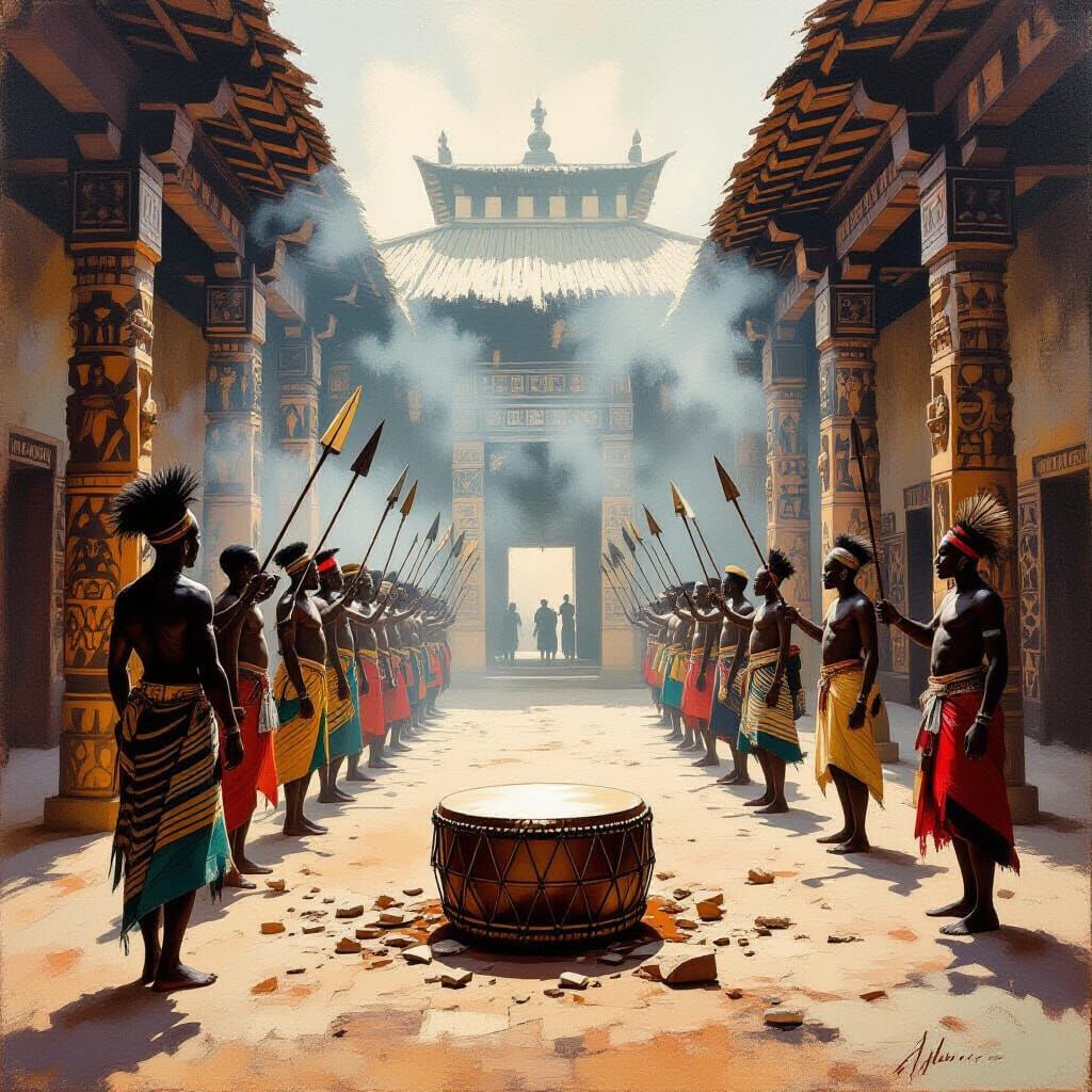 Misty African Royal Courtyard with Mourning Warriors