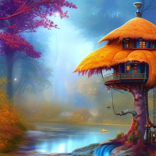 Luxurious Steampunk Treehouse in Autumn Woods