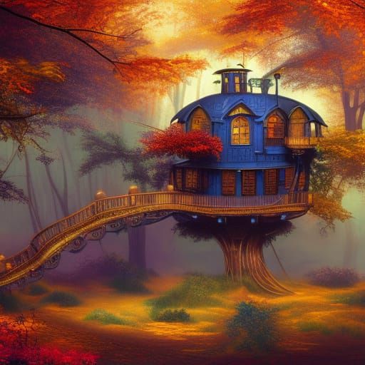 Sapphire Steampunk Treehouse in Autumn Woods