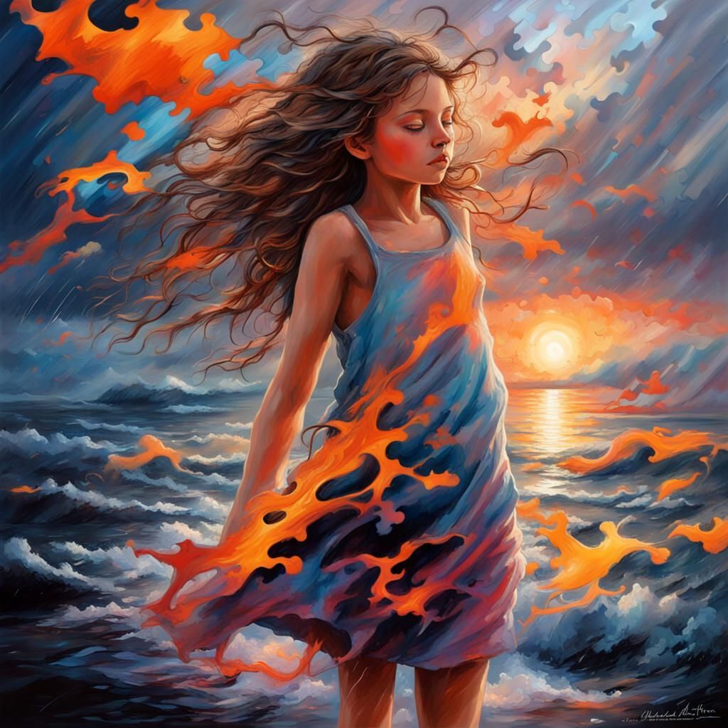 Psychedelic Puzzle Art of Girl in Stormy Sky