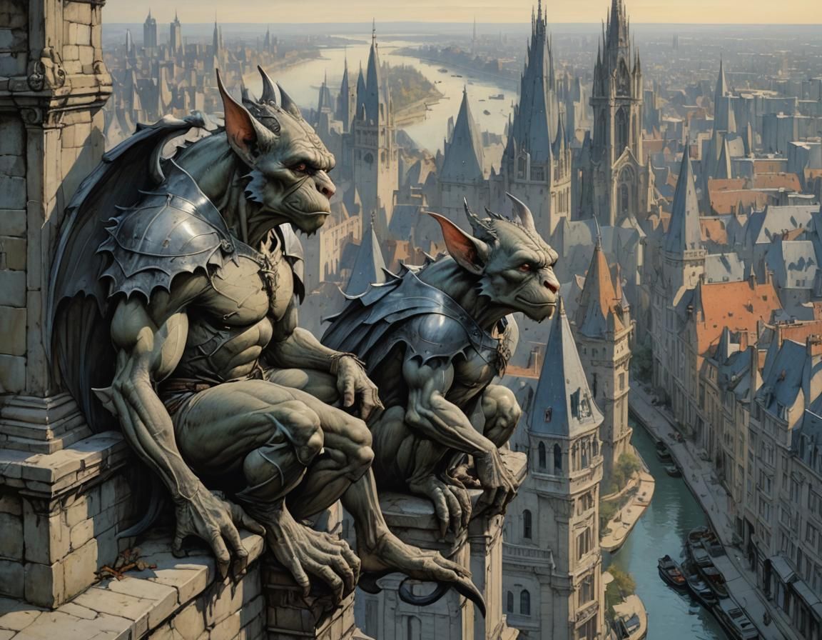 Gargoyles Contemplate City Life: Intricate Digital Illustrat...