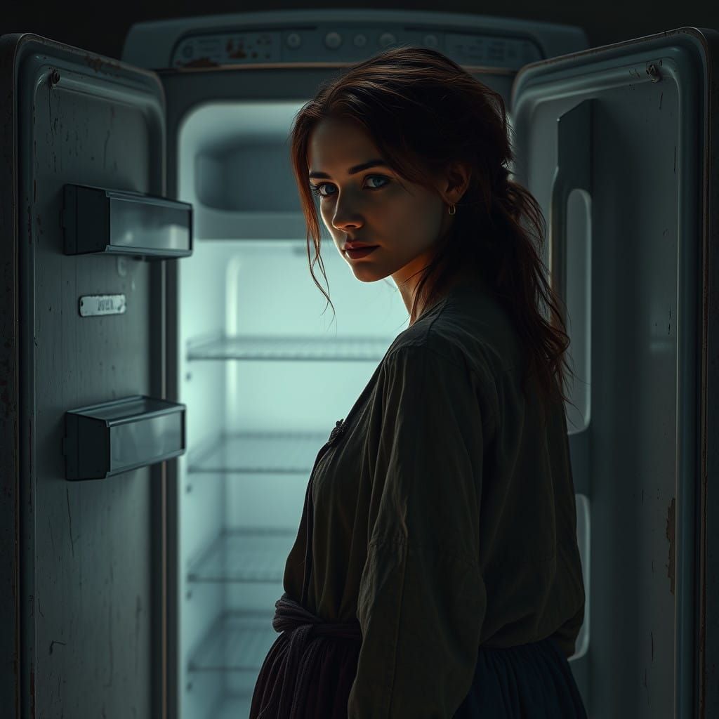 Melancholic Woman Faces Empty Refrigerator in Haunting Scene