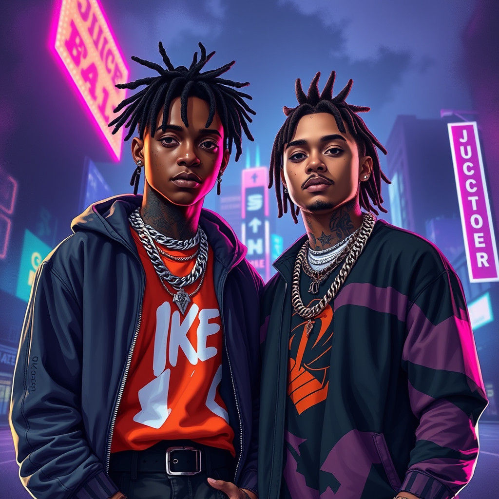 Musicians in Neon Cityscape, Digital Painting Style