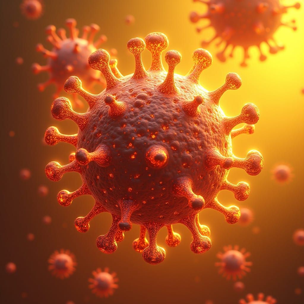 A stylized representation of a virus on a yellow and red gra...