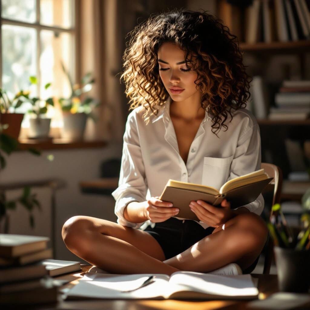 Woman Studying in Sunlit Studio, Photorealistic Style