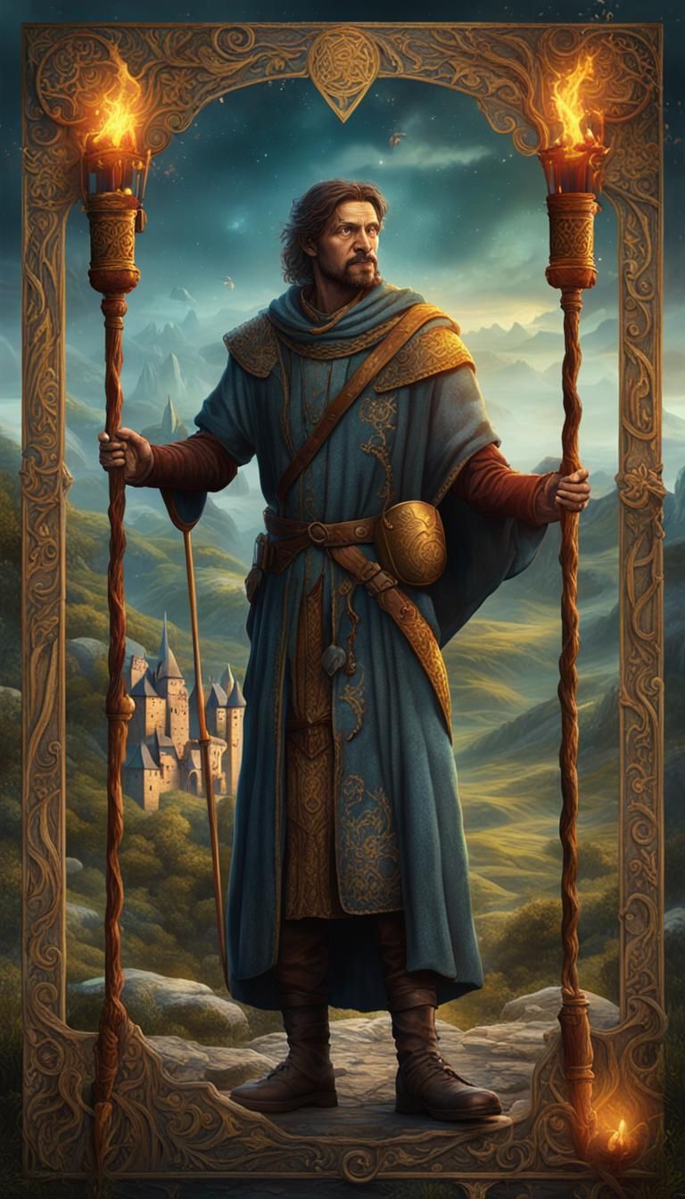 Nine of Wands Tarot Card in Medieval Style