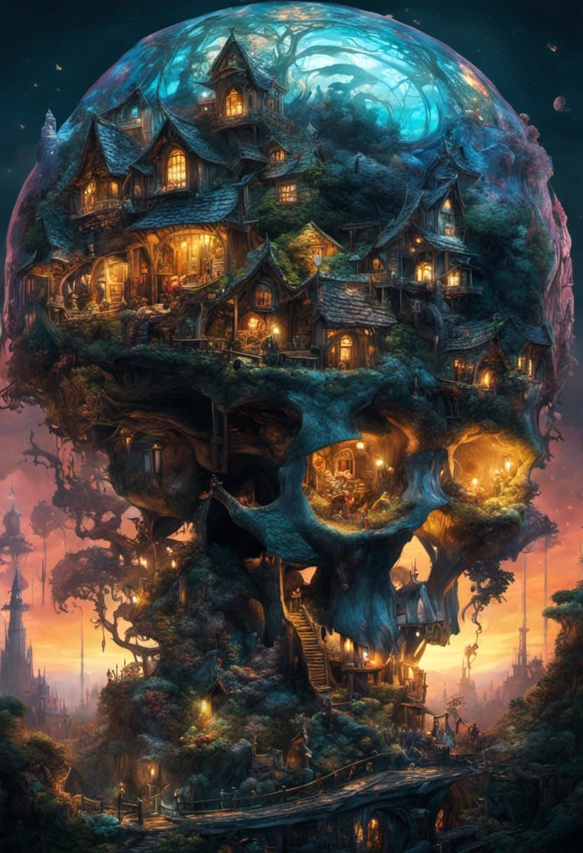 Fairy Village Inside Glowing Skull: Fantasycore Art