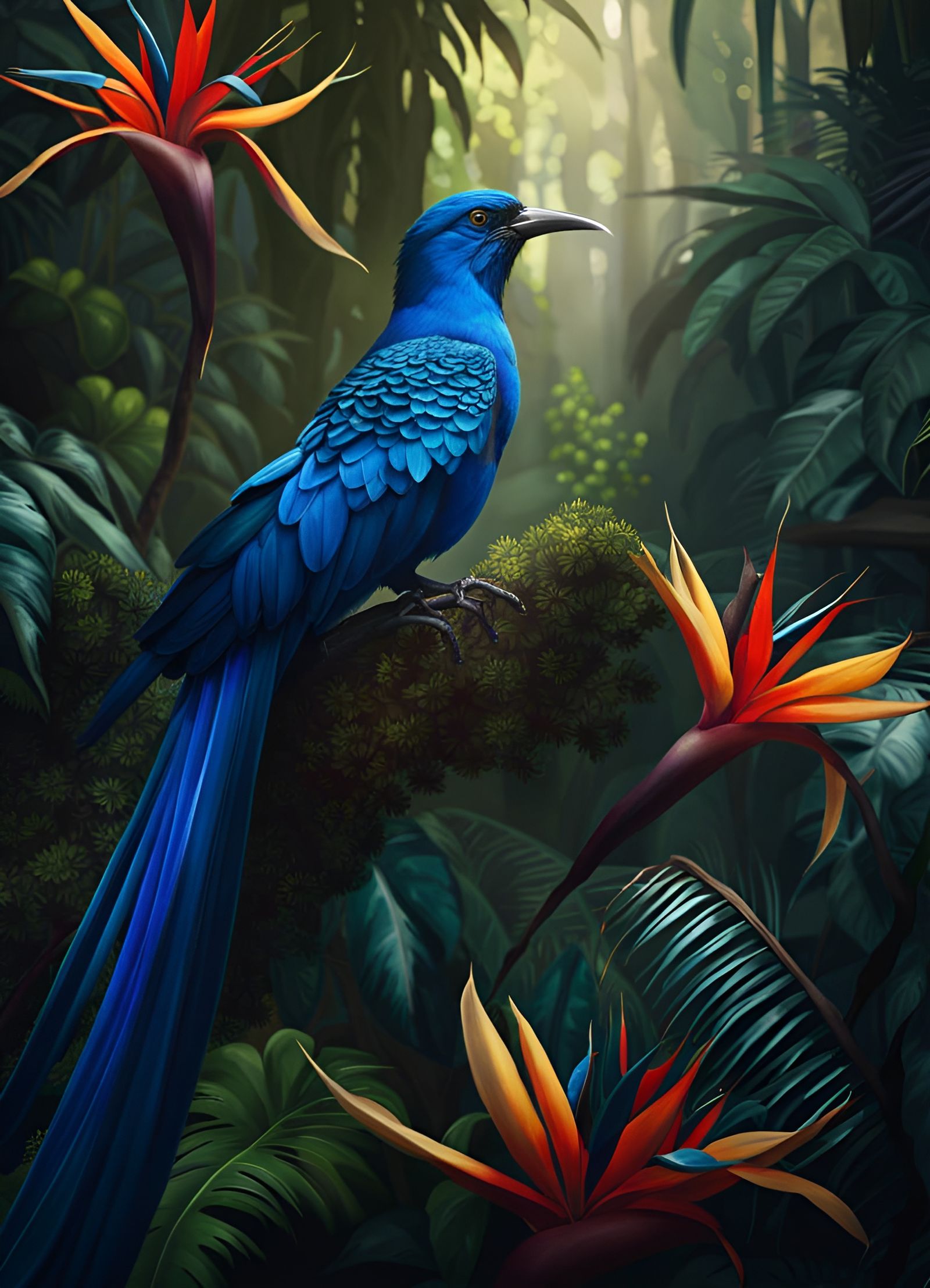 Exotic Blue Bird-of-Paradise in Detailed Jungle