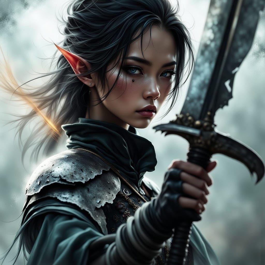 Half-Elf Warrior in Ethereal Dark Fantasy