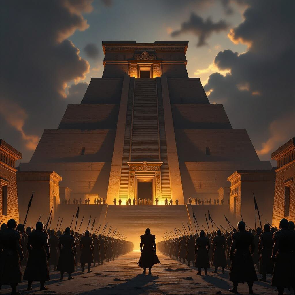Sumerian Ziggurat Under Dramatic Light with Soldiers