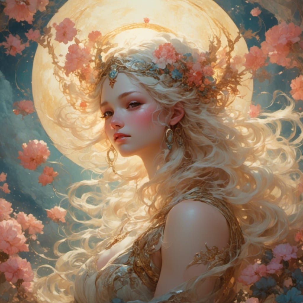 Cancer Goddess Cradling Moon in Digital Oil Painting