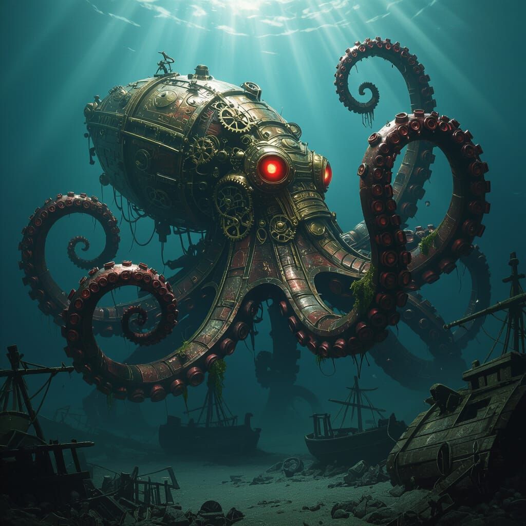 Clockwork Kraken Emerges from Misty Sea in Dark Fantasy Styl...