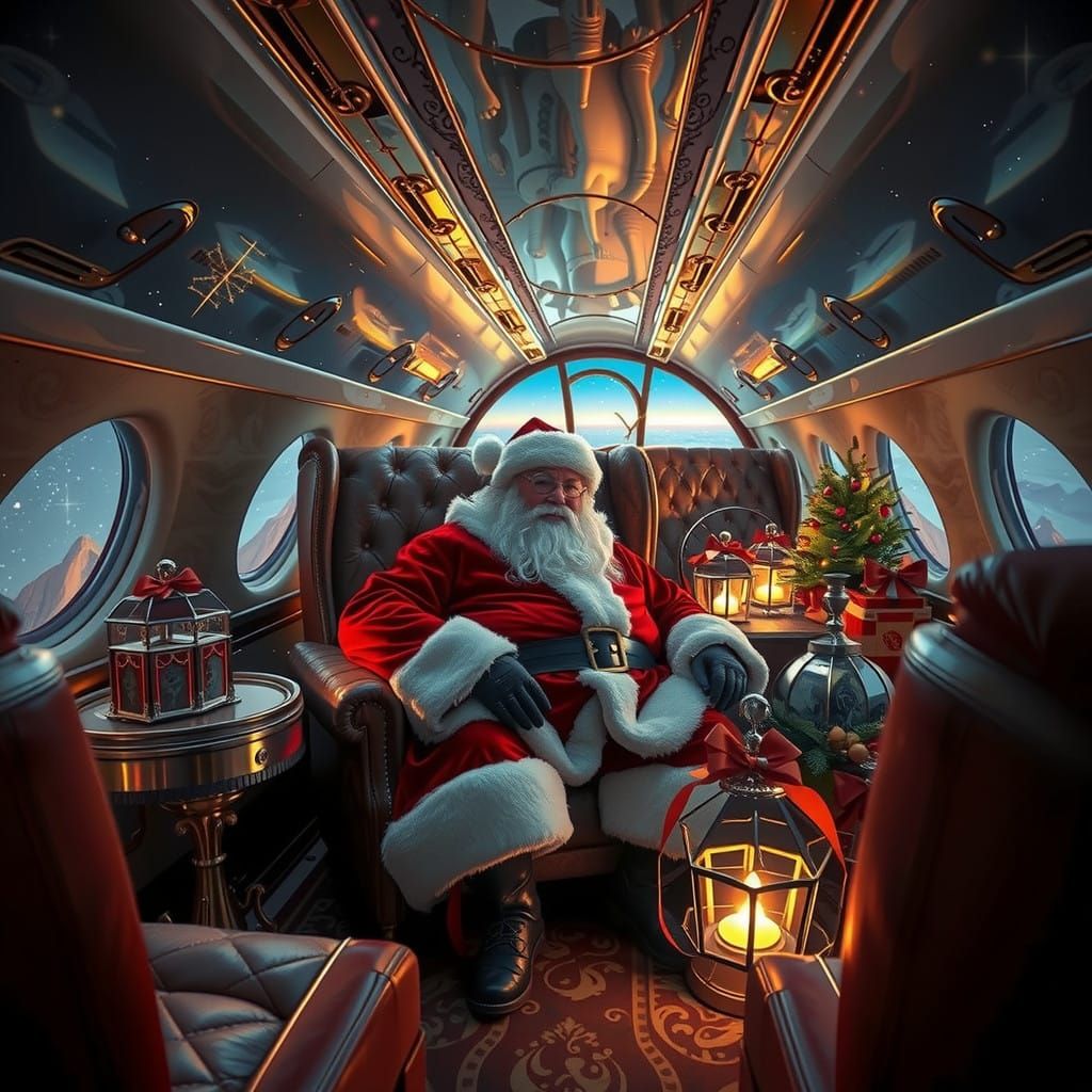 Santa Claus in Luxurious Private Jet Interior with Christmas...