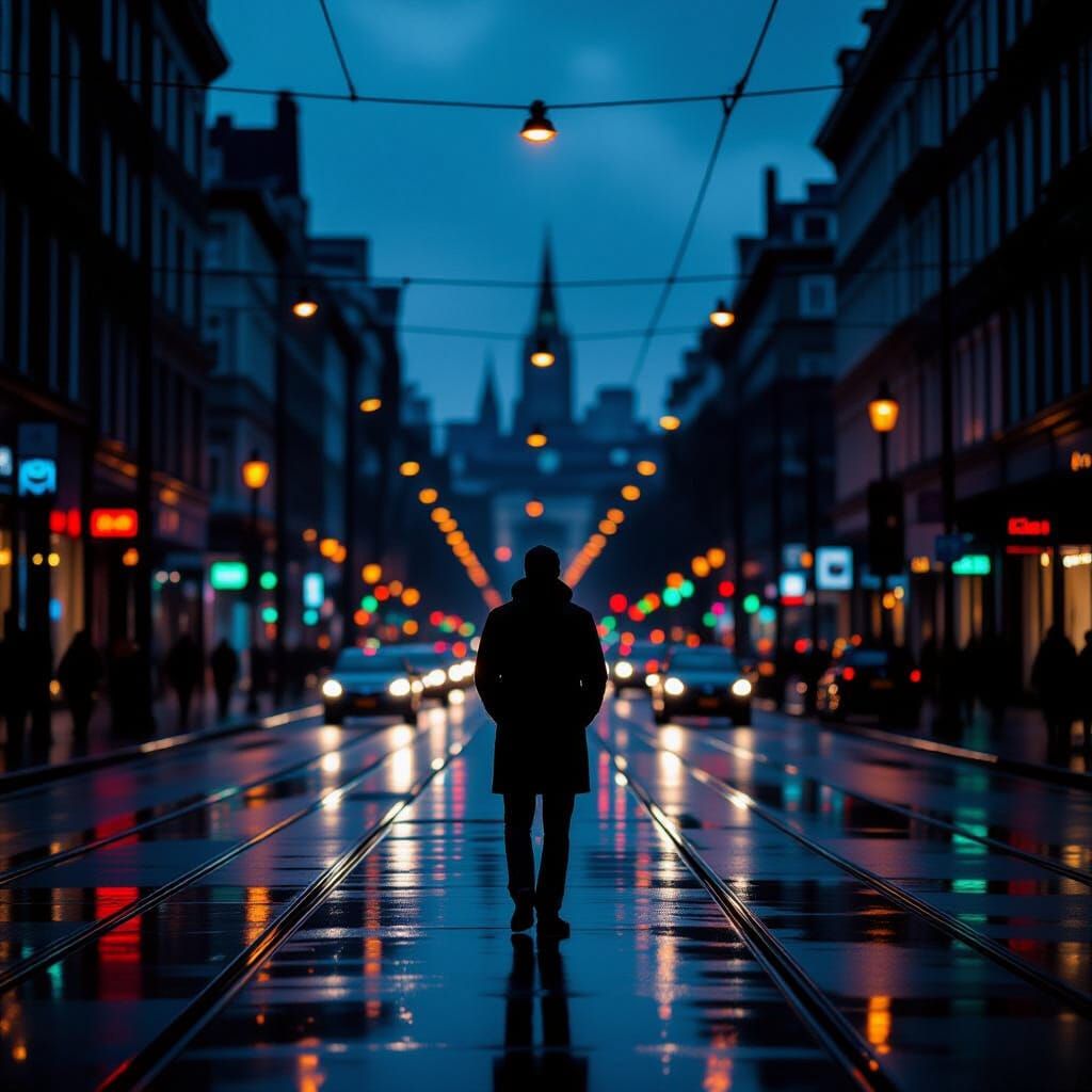 Cinematic Solitude: Writer in Vibrant Cityscape