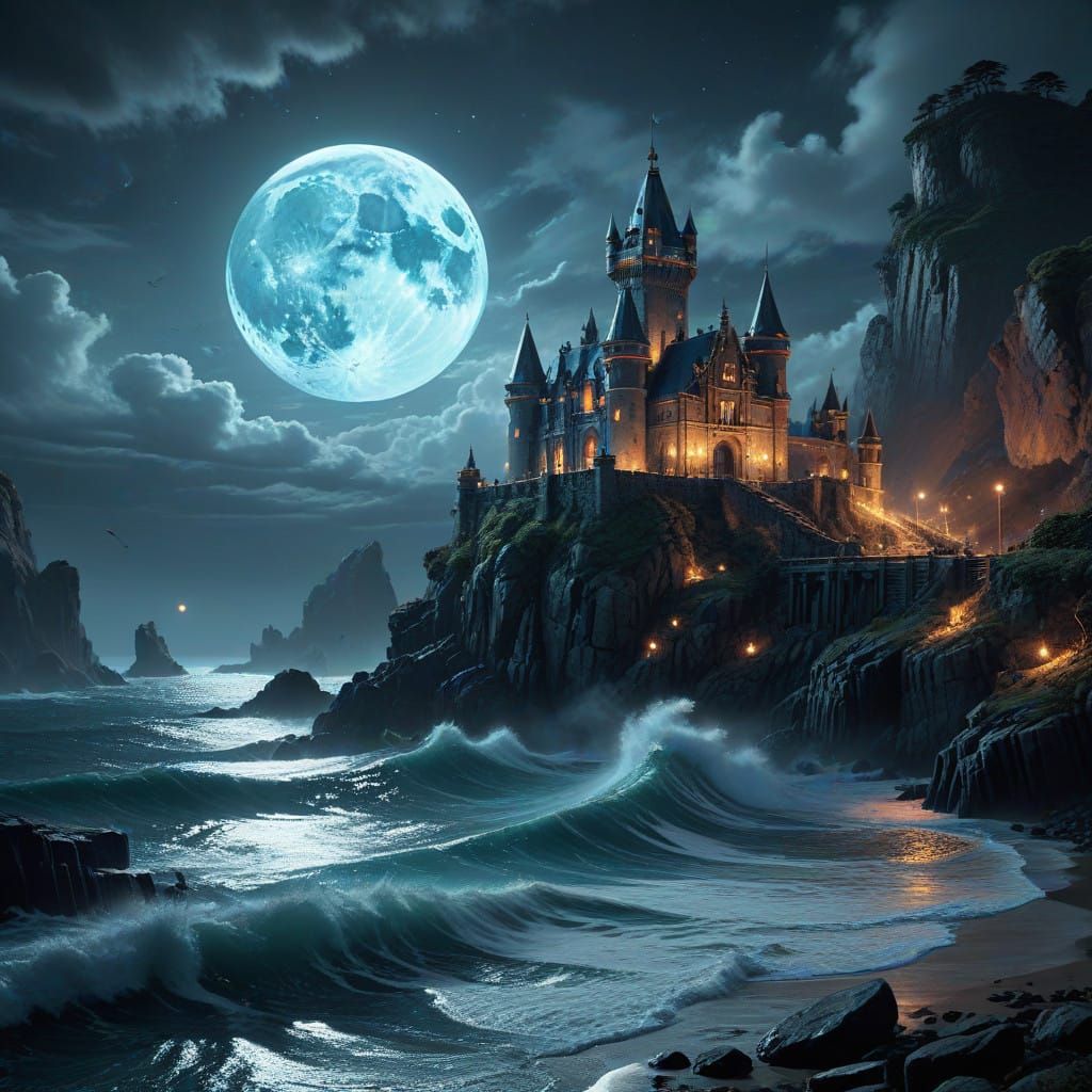 Majestic Castle Amidst Turbulent Seascape in Dreamlike, Surr...
