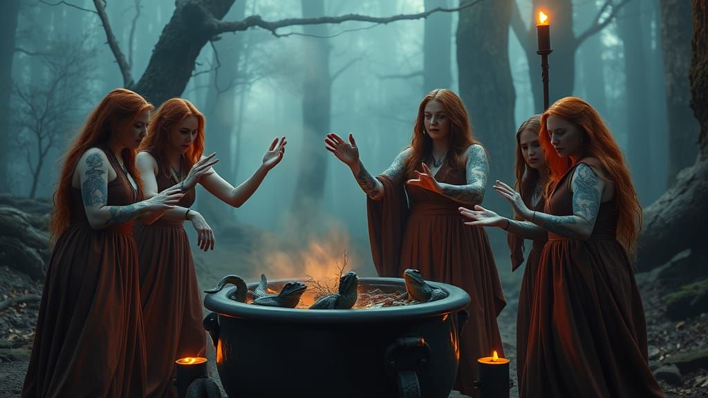 Mystical Red-Haired Priestesses in a Foggy, Ancient Forest