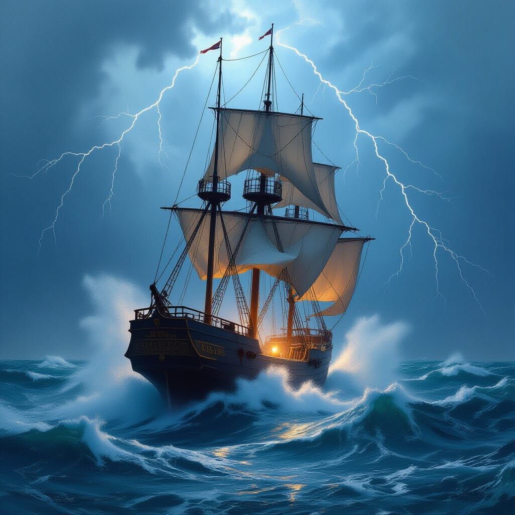 Sailing Ship Battling Storm in Romantic Style